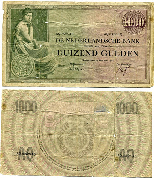 Нидерланды 1000 гульденов 1926 (1931) 14 октября 1931, серия AQ Pick 48, Akkermans 106A.2 бумага 451-251-1