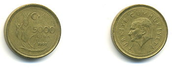 Турция 5000 лир 1997 Мустафа Кемаль Ататюрк KM 1029.1 латунь 176-1045