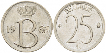 БЕЛЬГИЯ 25 САНТИМОВ 1966 BELGIQUE KM 153.1 медно-никель UNC 3996-1262
