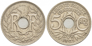 ФРАНЦИЯ 5 САНТИМОВ 1925 ТИП ЛИНДАЙЁ KM 875 медно-никель 3309-1016