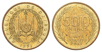 Джибути 500 франков 1991 KM 27 медь алюминий никель UNC 4671-144