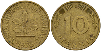 ФРГ 10 пфеннигов 1976 G J. 383, KM 108 сталь плакированная латунью    4603-427