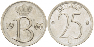 БЕЛЬГИЯ 25 САНТИМОВ 1966 BELGIQUE KM 153.1 медно-никель UNC 3996-1262