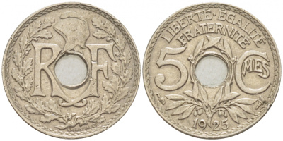 ФРАНЦИЯ 5 САНТИМОВ 1925 ТИП ЛИНДАЙЁ KM 875 медно-никель 3309-1016