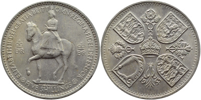Великобритания 1 крона (5 шиллингов) 1953 коронация королевы Елизаветы, Елизавета II (1952-2022) Елизаветы KM 894, Spink 4136 медно-никель UNC 36-633