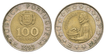 Португалия 100 эскудо 1991 Педру Нуниш (1502-1578), математик KM 645 биметалл 4388-751