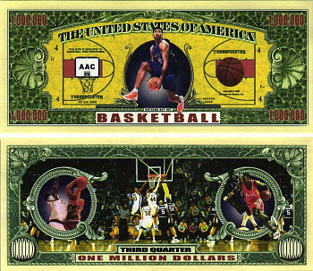 США 1000000 ДОЛЛАРОВ 2002 СУВЕНИРНАЯ БАНКНОТА, СПОРТИВНАЯ СЕРИЯ, БАСКЕТБОЛ бумага UNC (ПРЕСС) 7198-40-2-2