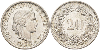 Швейцария 20 раппенов 1970 KM 29a медно-никель 55-931