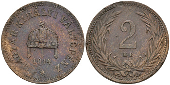 Венгрия 2 филлера 1914 KB, Франц Иосиф I (1848-1916) KM 481 бронза 4151-947