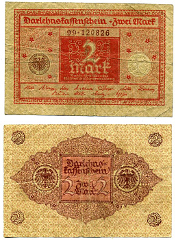 Германия 2 марки 1920 1 марта 1920, красная, серия 99 Pick 59, Розенберг 65b бумага 2195-36-3-2