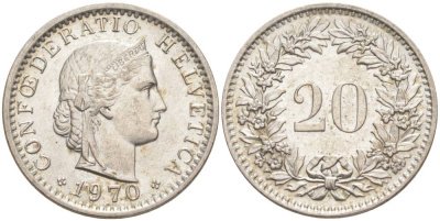 Швейцария 20 раппенов 1970 KM 29a медно-никель 55-931