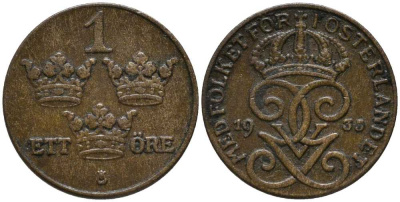 Швеция 1 эре 1935 Густав V (1907-1950) KM 777.2 бронза 201-1133