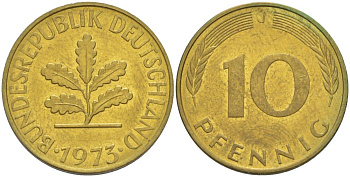 ФРГ 10 ПФЕННИГОВ 1973 J KM 108, J. 383 сталь плакированная латунью 219-452