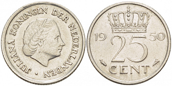 НИДЕРЛАНДЫ 25 ЦЕНТОВ 1950 ЮЛИАНА KM 183 никель 3309-634