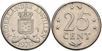 Нидерландские Антилы 25 центов 1970 Юлиана (1948-1980) KM 11 никель 4564-465