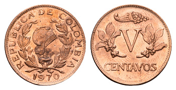 Колумбия 5 сентаво 1970 KM 206a сталь плакированная медью UNC 4643-652