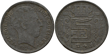Бельгия 5 франков 1943 DES BELGES, Леопольд III (1934-1947) KM 130 цинк 4161-944