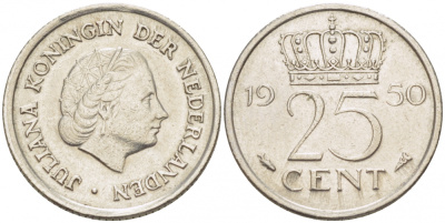 НИДЕРЛАНДЫ 25 ЦЕНТОВ 1950 ЮЛИАНА KM 183 никель 3309-634