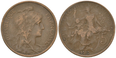 Франция 5 сантимов 1912 тип Дюпюи KM 842 бронза 113-323