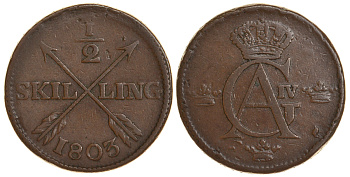 Швеция 1/2 скиллинга 1803 Густав IV Адольф (1792-1809) KM 565 медь 71-1236