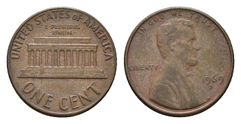 США 1 цент 1969 Авраам Линкольн KM 201 медь цинк 4674-515