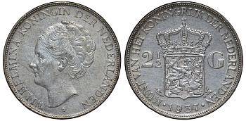 Нидерланды 2 1/2 гульдена 1937 Вильгельмина I (1890-1948) KM 165 серебро    1530-1044