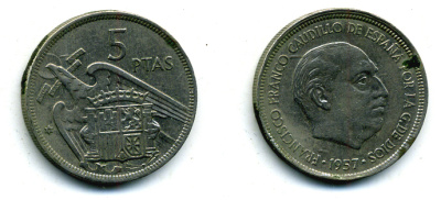 Испания 5 песет 1957 (75) Франциско Франко (1939-1975) KM 786 медно-никель 56-927