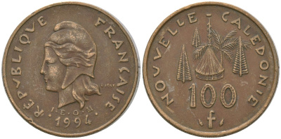 Французская Новая Каледония 100 франков 1994 хижина среди сосен и пальм, (IEOM) KM 15, Schoen 16, Lec 138 никель латунь 4140-744