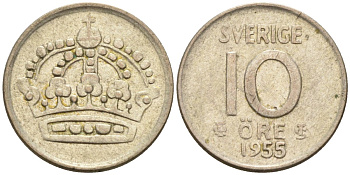 Швеция 10 эре 1955 Густав VI Адольф (1950-1973) KM 823 серебро 4585-347