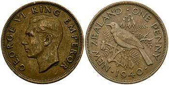 Новая Зеландия 1 пенни 1940 Георг VI (1936-1952), новозеландский туи KM 13 бронза 4165-1141