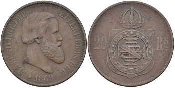 Бразилия 20 рейсов 1869 Педро II (1831-1889) KM 474 бронза 4529-446