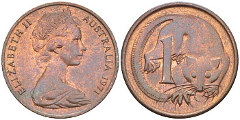 АВСТРАЛИЯ 1 ЦЕНТ 1971 ЕЛИЗАВЕТА II, МОЛОДОЙ ПОРТРЕТ, ОПОССУМ KM 62 бронза 100-732