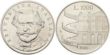 Италия 1000 лир 2001 R, 100 лет со дня смерти Джузеппе Верди KM 236 серебро BU 4367-1146