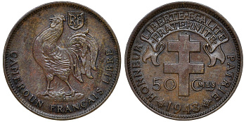 Французский Камерун 50 сантимов 1943 SA, петух, с Libre, монетный двор Претория KM 6 бронза 1521-321