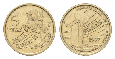 Испания 5 песет 1997 Хуан Карлос I (1975-2014), Балеарские острова, всадник KM 981 алюминиевая бронза 116-565