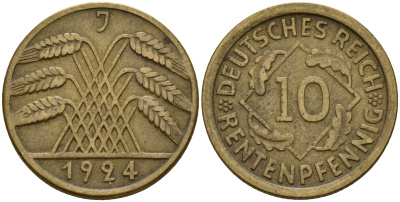 Германия 10 рентенпфеннигов 1924 J J. 309, KM 33 алюминиевая бронза    4603-754