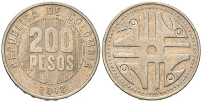 Колумбия 200 песо 2010 KM 287 медь цинк никель 4616-1222