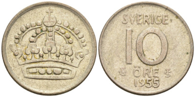 Швеция 10 эре 1955 Густав VI Адольф (1950-1973) KM 823 серебро 4585-347