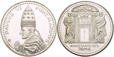 ВАТИКАН МЕДАЛЬ 1975 СВЯТОЙ ГОД, ПАПА ПАВЕЛ VI, РАЙСКИЕ ВРАТА, ДИАМЕТР 35 ММ. белый металл 4527-1213