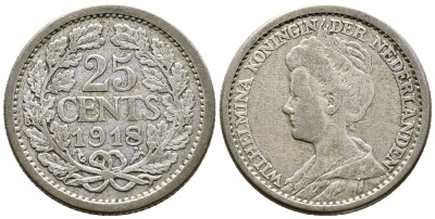 НИДЕРЛАНДЫ 25 ЦЕНТОВ 1918 ВИЛЬГЕЛЬМИНА KM серебро 46-818
