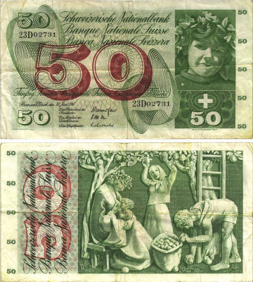 Швейцария 50 франков 1967 30 июня 1967, серия 23 D, подпись 44 Pick 48 g бумага 8606-17-2-1