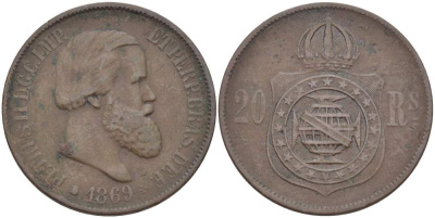 Бразилия 20 рейсов 1869 Педро II (1831-1889) KM 474 бронза 4529-446