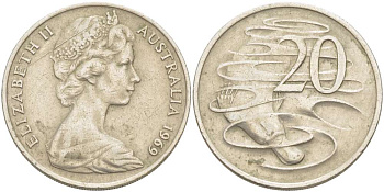 Австралия 20 центов 1969 Елизавета II (1952-2022), утконос KM 66 медно-никель 4521-121