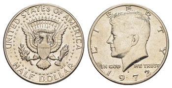 США 1/2 доллара (50 центов) 1972 D, Джон Кеннеди KM 202b медь плакированная медно-никелем aUNC 3855-926