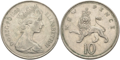 Великобритания 10 пенсов 1969 Елизавета II (1952-2022) KM 912, Spink 4231 (F1) медно-никель 4683-422