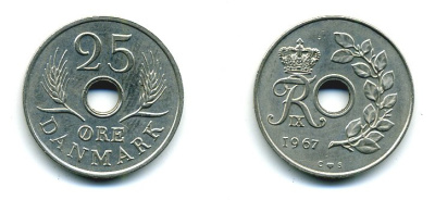 Дания 25 эре 1967 С; S, Фредерик IX (1947-1972) KM 855.1 медно-никель UNC 25-452