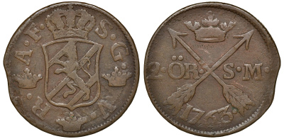 Швеция 2 эре 1763 S.M. Адольф Фредерик (1751-1771) диаметр 34 мм, вес 28,3 гр KM 461 медь 4179-325