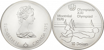 Канада 10 долларов 1975 XXI летние Олимпийские игры в Монреале 1976 года, виндсерфинг KM 104 серебро UNC 01-172-25