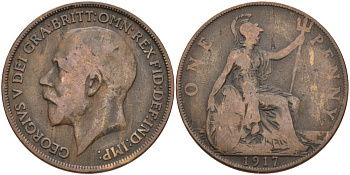 Великобритания 1 пенни 1917 Георг V (1910-1936) KM 810, Spink 4051 бронза 4572-1222