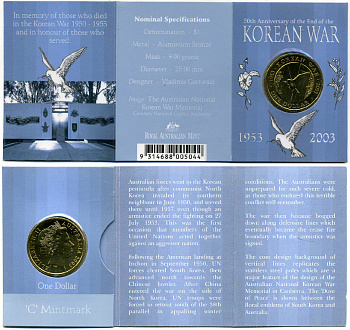 АВСТРАЛИЯ 1 ДОЛЛАР 2003 В, 50 ЛЕТ ОКОНЧАНИЯ ВОЙНЫ В КОРЕЕ, В ОРИГИНАЛЬНОМ БУКЛЕТЕ KM 663 алюминиевая бронза UNC 06-081-78